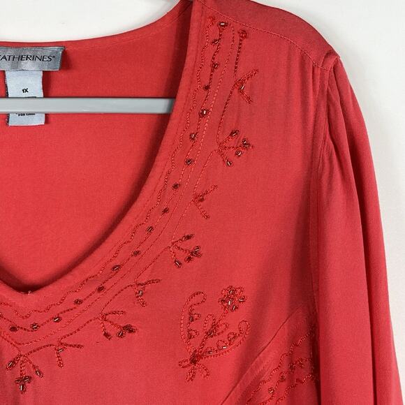 Catherines Size 1X Beaded Embroidered 3/4 Sleeve V-Neck Blouse Top Coral - Picture 3 of 4